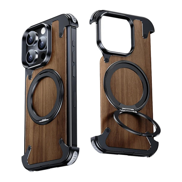 New Strong Magnetic Protective Wood Armor Case WIth Kickstand For iPhone 15 14 Plus Pro Max Series