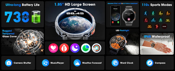 New 1.85'' Large HD Screen Sports Fitness Tracker Smart Watch For Android IOS