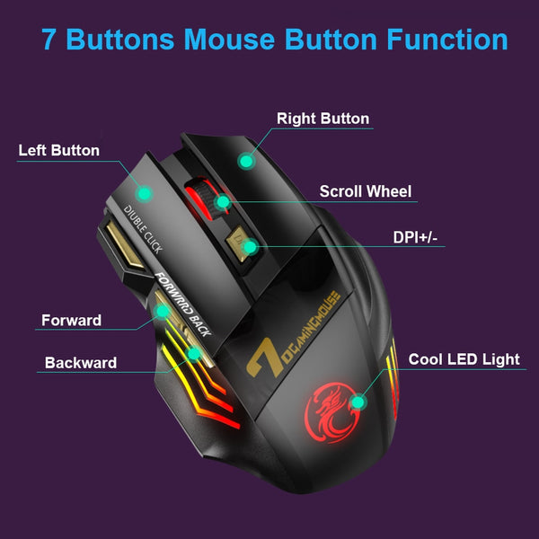 New Wireless Ergonomic Rechargeable LED Gaming Mouse For PC Mac Tablets