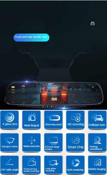 New 4.3'' Dual Lens Dash Camera Front & Back Recorder Rearview Car Mirror With Loop Recording