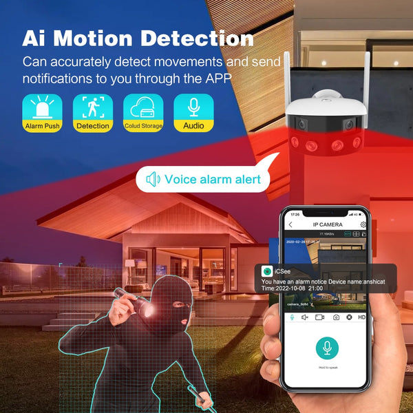 New 4MP Ultra Wide View Angle Outdoor Panoramic SecurityCamera With AI Human Detection