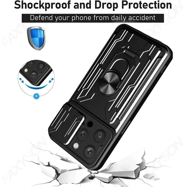 New Military Grade Ring  Holder Wallet Case With Card Slot For iPhone 16 15 14 Plus Pro Max Series