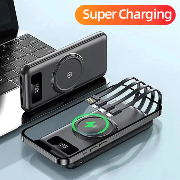 New 30000mAh Wireless Fast Charging Power Bank Built-in Quad Power Cable Portable High Capacity For Android Samsung iPhones