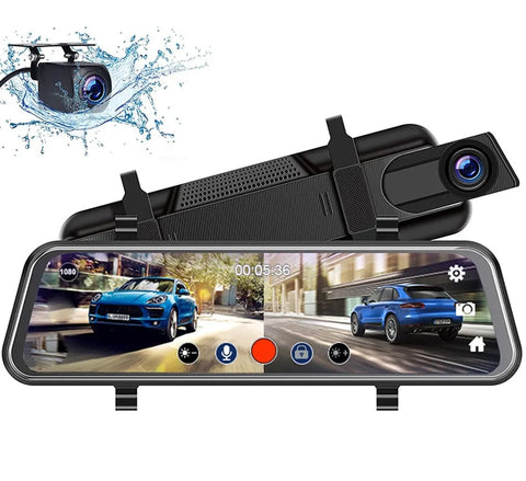 New 10" Touchscreen Dual-Lens Rearview Mirror Dashcam With 24 Hour Surveillance Loop Recording
