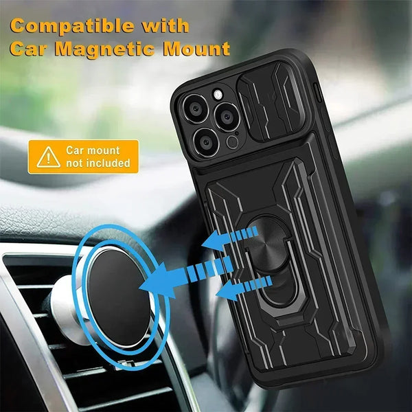 New Military Grade Ring  Holder Wallet Case With Card Slot For iPhone 16 15 14 Plus Pro Max Series