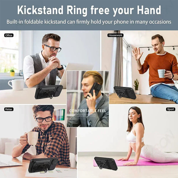 New Military Grade Ring  Holder Wallet Case With Card Slot For iPhone 16 15 14 Plus Pro Max Series