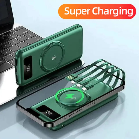 New 30000mAh Wireless Fast Charging Power Bank Built-in Quad Power Cable Portable High Capacity For Android Samsung iPhones