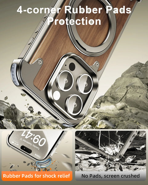 New Strong Magnetic Protective Wood Armor Case WIth Kickstand For iPhone 15 14 Plus Pro Max Series