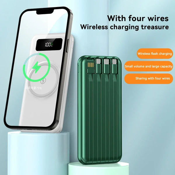 New 30000mAh Wireless Fast Charging Power Bank Built-in Quad Power Cable Portable High Capacity For Android Samsung iPhones
