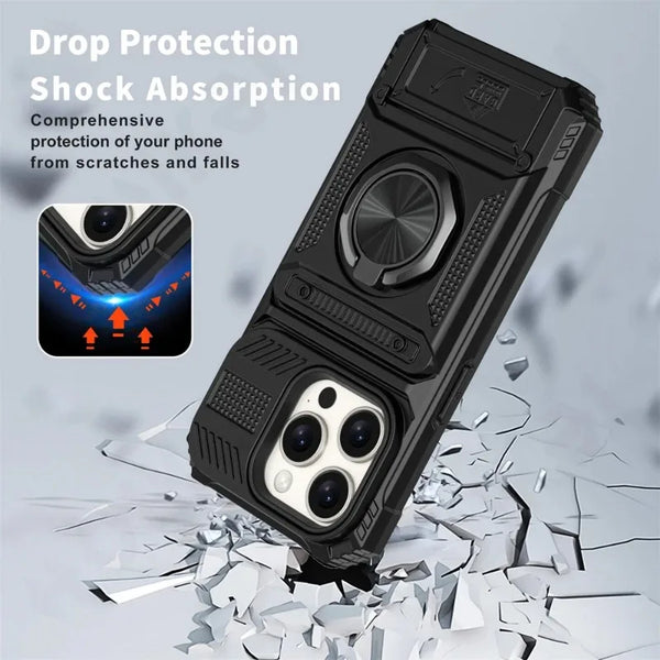 New Heavy Duty Drop Protection Magnetic Wallet Case With Ring Holder Kickstand With Card Slots For iPhone 16 15 14 Plus Pro Max Series