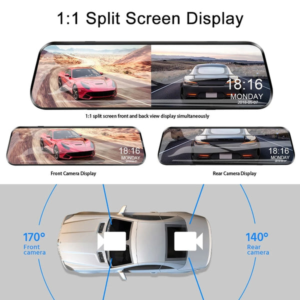 New 10'' Large Touch Screen Rearview Mirror DVR Dash Cam With Front & Back Recorder