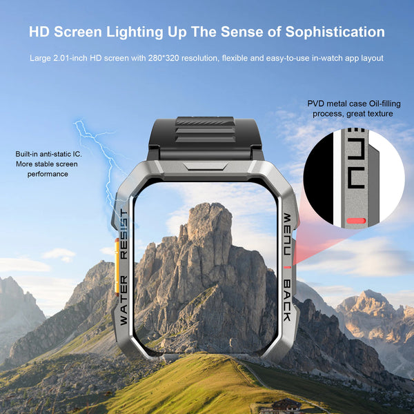 New 2.01'' HD Display Rugged Outdoor Smart Watch Fitness Tracker With Emergency Lighting