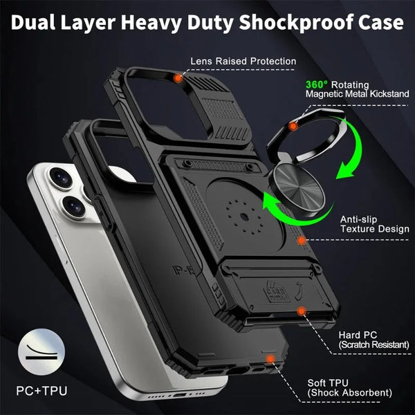 New Heavy Duty Drop Protection Magnetic Wallet Case With Ring Holder Kickstand With Card Slots For iPhone 16 15 14 Plus Pro Max Series