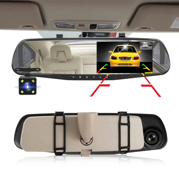 New 4.3'' Dual Lens Dash Camera Front & Back Recorder Rearview Car Mirror With Loop Recording