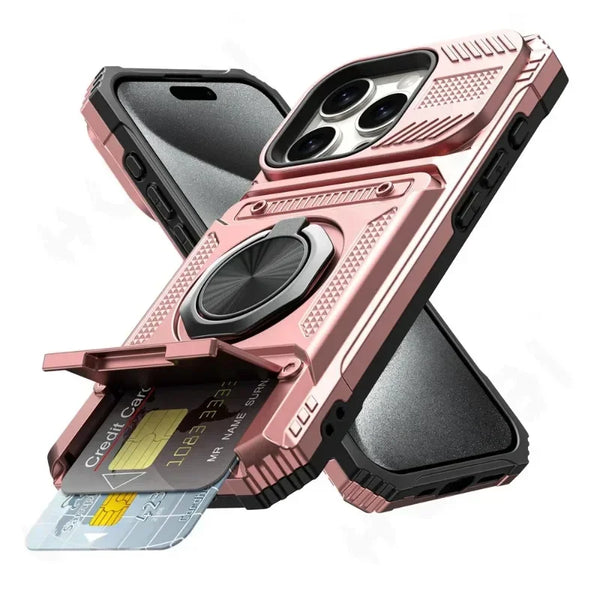 New Heavy Duty Drop Protection Magnetic Wallet Case With Ring Holder Kickstand With Card Slots For iPhone 16 15 14 Plus Pro Max Series