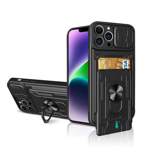 New Military Grade Ring  Holder Wallet Case With Card Slot For iPhone 16 15 14 Plus Pro Max Series
