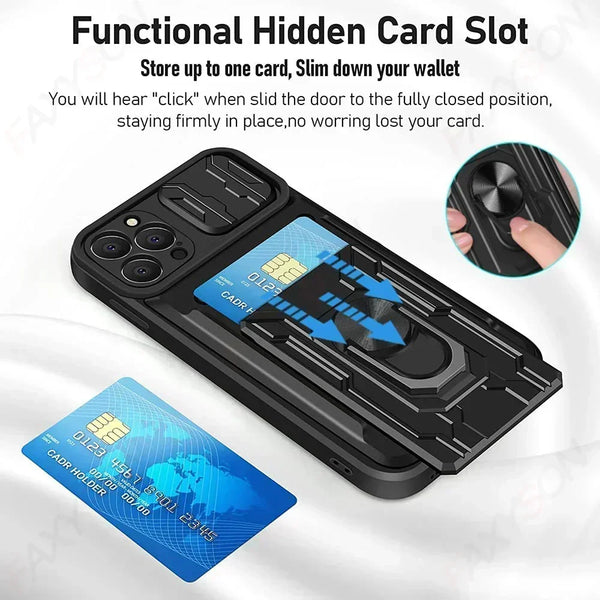 New Military Grade Ring  Holder Wallet Case With Card Slot For iPhone 16 15 14 Plus Pro Max Series
