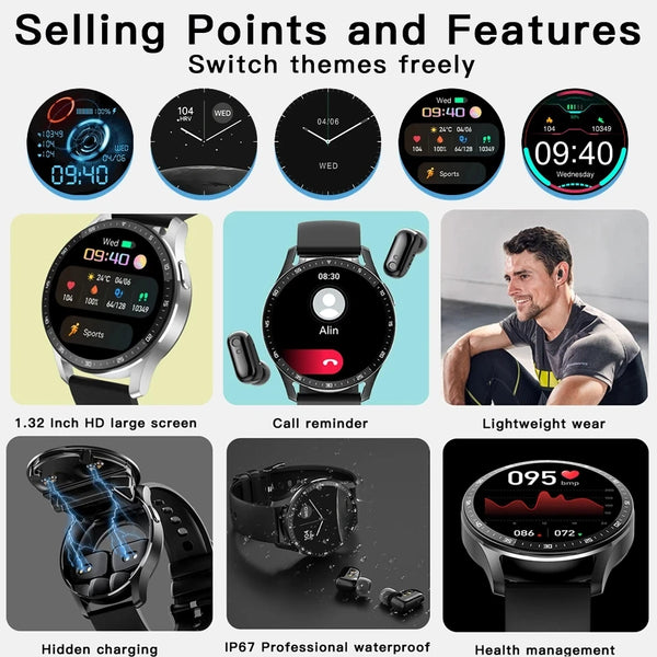 New 2-in-1 Multisport Fitness Tracker Smart Watch With Wireless Bluetooth Earbuds Headphones
