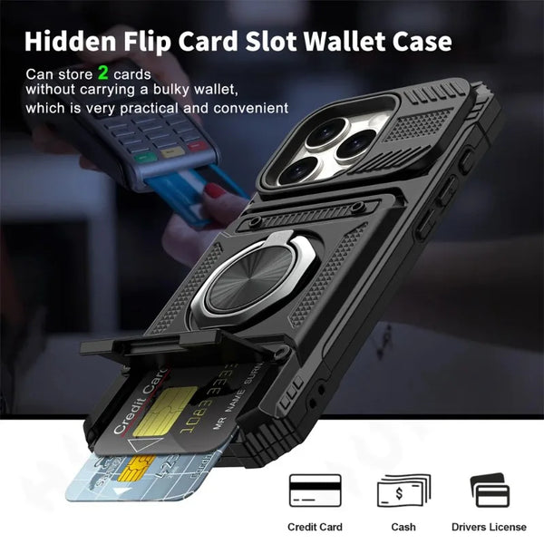 New Heavy Duty Drop Protection Magnetic Wallet Case With Ring Holder Kickstand With Card Slots For iPhone 16 15 14 Plus Pro Max Series