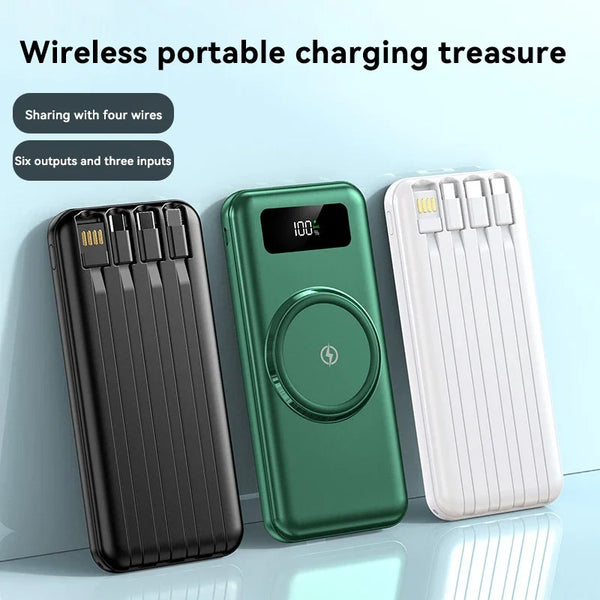 New 30000mAh Wireless Fast Charging Power Bank Built-in Quad Power Cable Portable High Capacity For Android Samsung iPhones