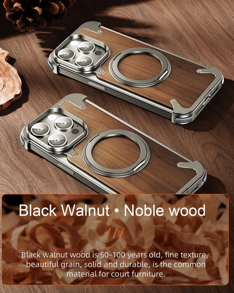 New Strong Magnetic Protective Wood Armor Case WIth Kickstand For iPhone 15 14 Plus Pro Max Series