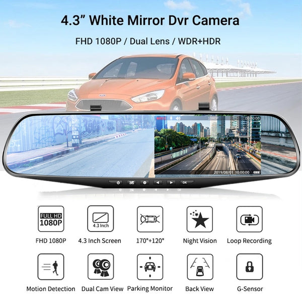 New 4.3'' Dual Lens Dash Camera Front & Back Recorder Rearview Car Mirror With Loop Recording