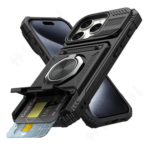 New Heavy Duty Drop Protection Magnetic Wallet Case With Ring Holder Kickstand With Card Slots For iPhone 16 15 14 Plus Pro Max Series