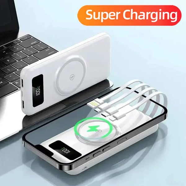 New 30000mAh Wireless Fast Charging Power Bank Built-in Quad Power Cable Portable High Capacity For Android Samsung iPhones