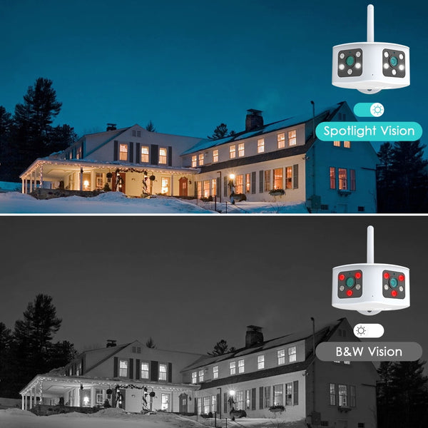 New 4K 8MP Ultra Wide View Dual Lens Panoramic WIFI Outdoor Security Camera With AI Human Detection Alarm