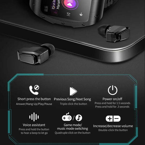 New 2-in-1 Large IPS Touchscreen Sports Smartwatch Fitness Tracker With Wireless Bluetooth Earbuds Headphones
