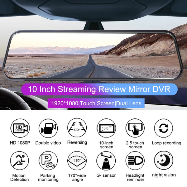 New 10'' Large Touch Screen Rearview Mirror DVR Dash Cam With Front & Back Recorder