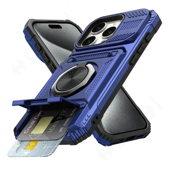 New Heavy Duty Drop Protection Magnetic Wallet Case With Ring Holder Kickstand With Card Slots For iPhone 16 15 14 Plus Pro Max Series