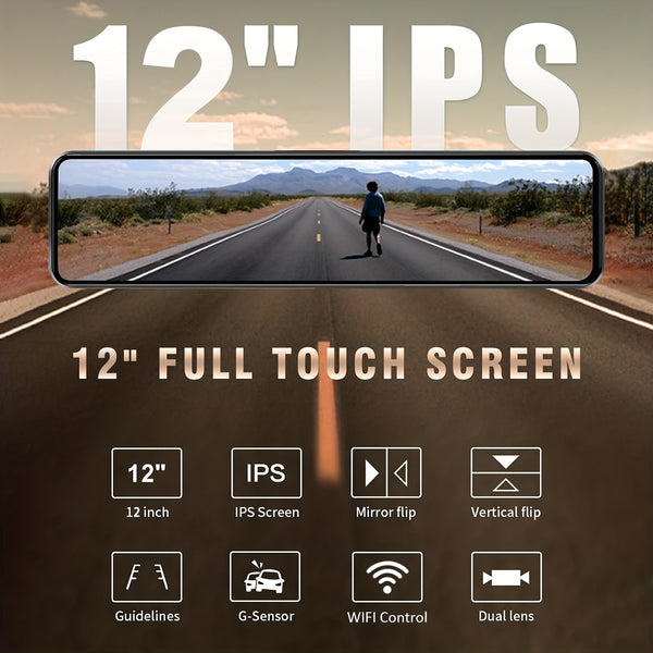 New 12'' Large Touch Screen Front & Rear Dual Lens Dash Camera With Loop Recording