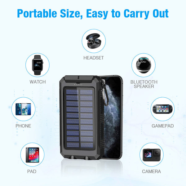 New Universal Water-Resistant 20000mAh Solar Power Bank External Battery Charger With Compass LED Flashlight