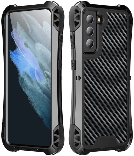 New Carbon Fiber Suited Armor Aluminum Case Outdoor Anti-Shock Cover for Samsung Galaxy S21 FE.
