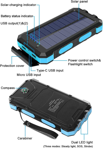 New Large Capacity 30000mAh Outdoor Solar Power Bank External Charger With Flashlight Compass For Travel Camping