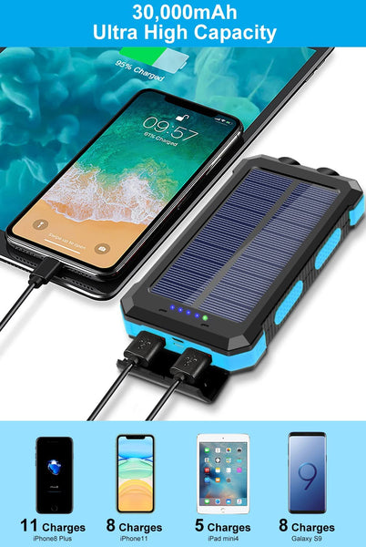 New Large Capacity 30000mAh Outdoor Solar Power Bank External Charger With Flashlight Compass For Travel Camping