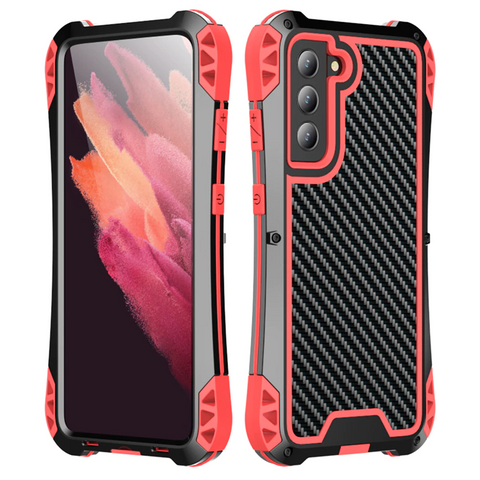New Carbon Fiber Suited Armor Aluminum Case Outdoor Anti-Shock Cover for Samsung Galaxy S21 FE.