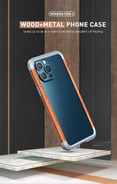 New Aluminum Metal Bumper Slim Natural Wood Armor Phone Protective Case For iPhone 15 14 13 Pro Max Series