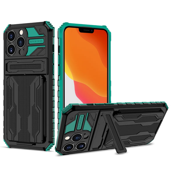 New Dual-Layer Hybrid Protective Credit Card Slot Hard Case With Kickstand Cover For iPhone 14 13 12 Series