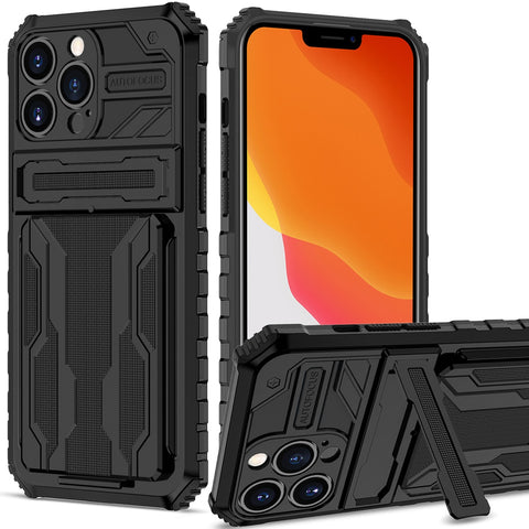 New Dual-Layer Hybrid Protective Credit Card Slot Hard Case With Kickstand Cover For iPhone 14 13 12 Series