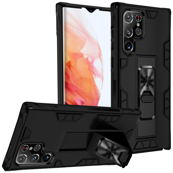 New Magnetic Armor Phone Cover Case With Magnetic Metal Ring Kickstand For Car Mount Samsung Galaxy S22 Series