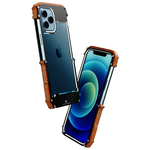 New Hybrid Natural Wood Aluminum Metal Frame Phone Case for iPhone 16 15 14 13 Pro Max Series