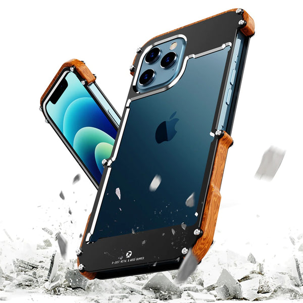 New Hybrid Natural Wood Aluminum Metal Frame Phone Case for iPhone 16 15 14 13 Pro Max Series