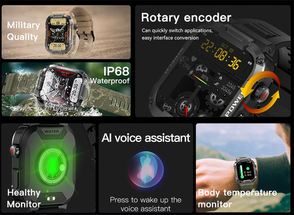 New IP68 Water Resistant Rugged Outdoor Sports Fitness Tracker Smart Watch With Bluetooth Calling