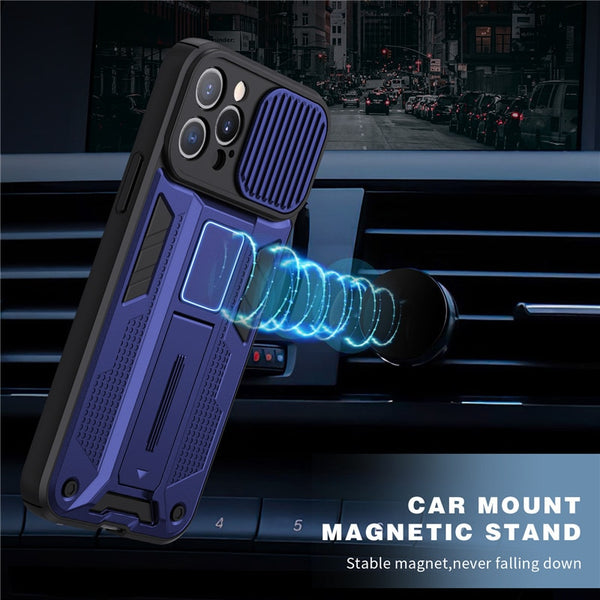 New Protective Armor Bumper Case For iPhone 14 13 12 Pro Max Series W/ Camera Lens Slide Cover Kickstand