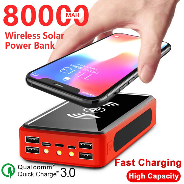 New High Capacity 80000mAh Wireless Portable Power Bank External Battery With Fast Charging LED Light For Travel Camping
