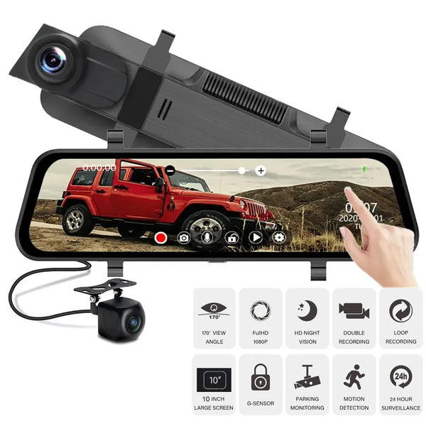 New 10" Touchscreen Dual-Lens Rearview Mirror Dashcam With 24 Hour Surveillance Loop Recording