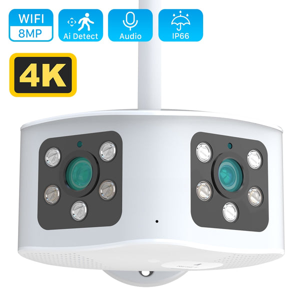 New 4K 8MP Ultra Wide View Dual Lens Panoramic WIFI Outdoor Security Camera With AI Human Detection Alarm