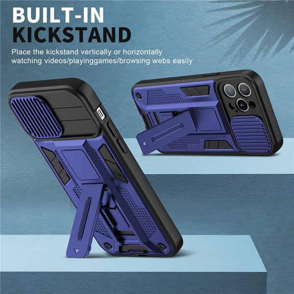 New Protective Armor Bumper Case For iPhone 14 13 12 Pro Max Series W/ Camera Lens Slide Cover Kickstand